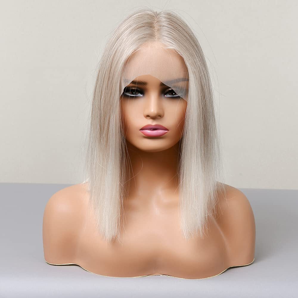 Ash Blonde White Balayage Highlights BOB 12 inch Wig Straight Lace Front Wigs