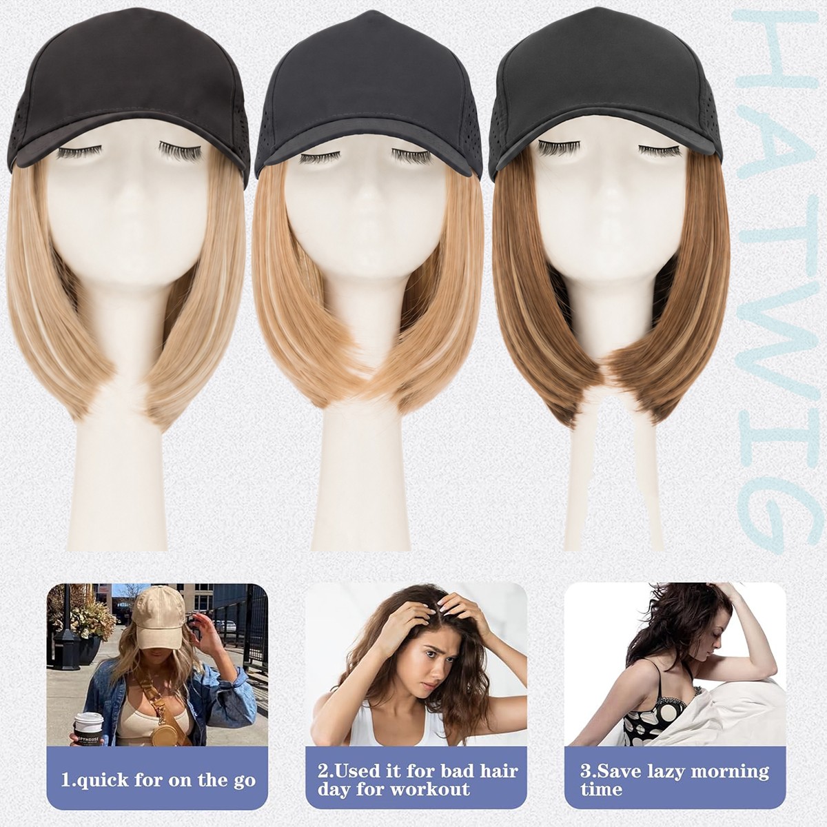 Cap Hat Bob Wig with 6″ Synthetic Straight Hair Adjustable Cap Baseball Hat Wig