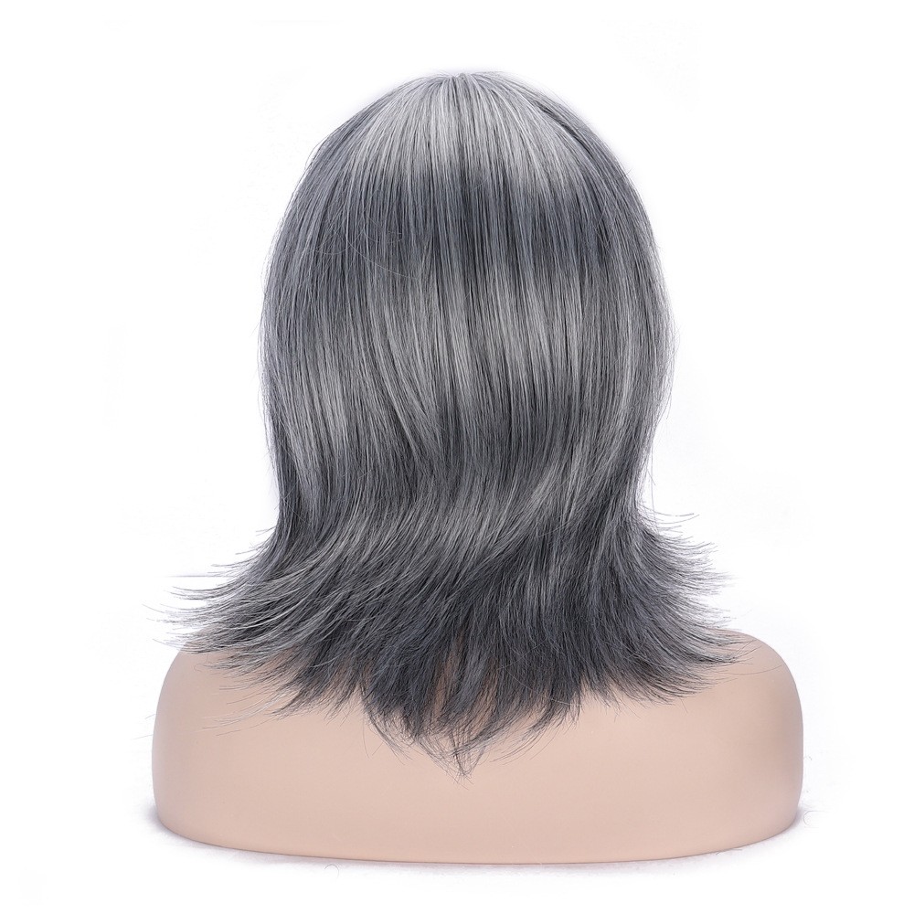 Highlight Black Grey Medium Length Wavy Wig Side Part Heat Resistant Full Wig