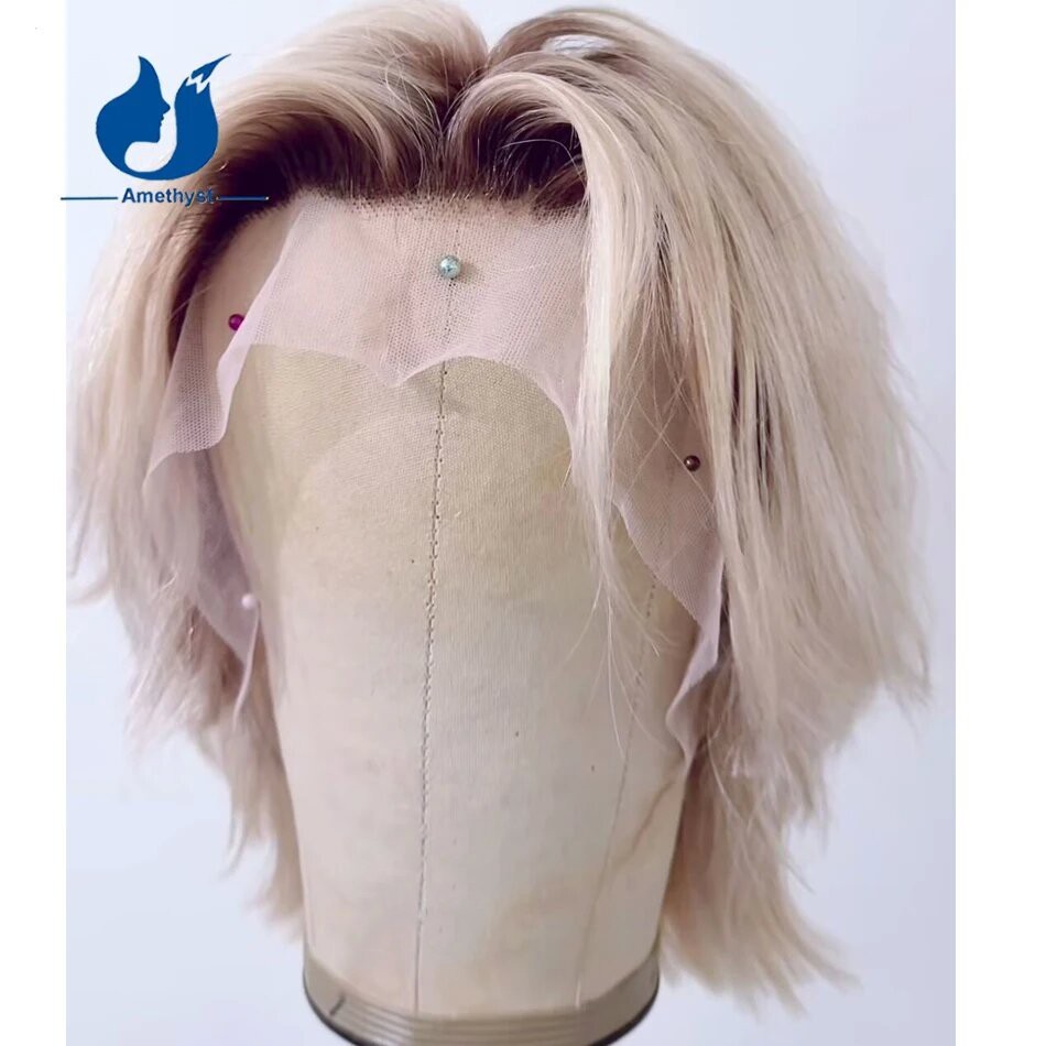 Human Hair Wig for Men White Platinum Blonde with Dark Roots Boy Cut Male Wig