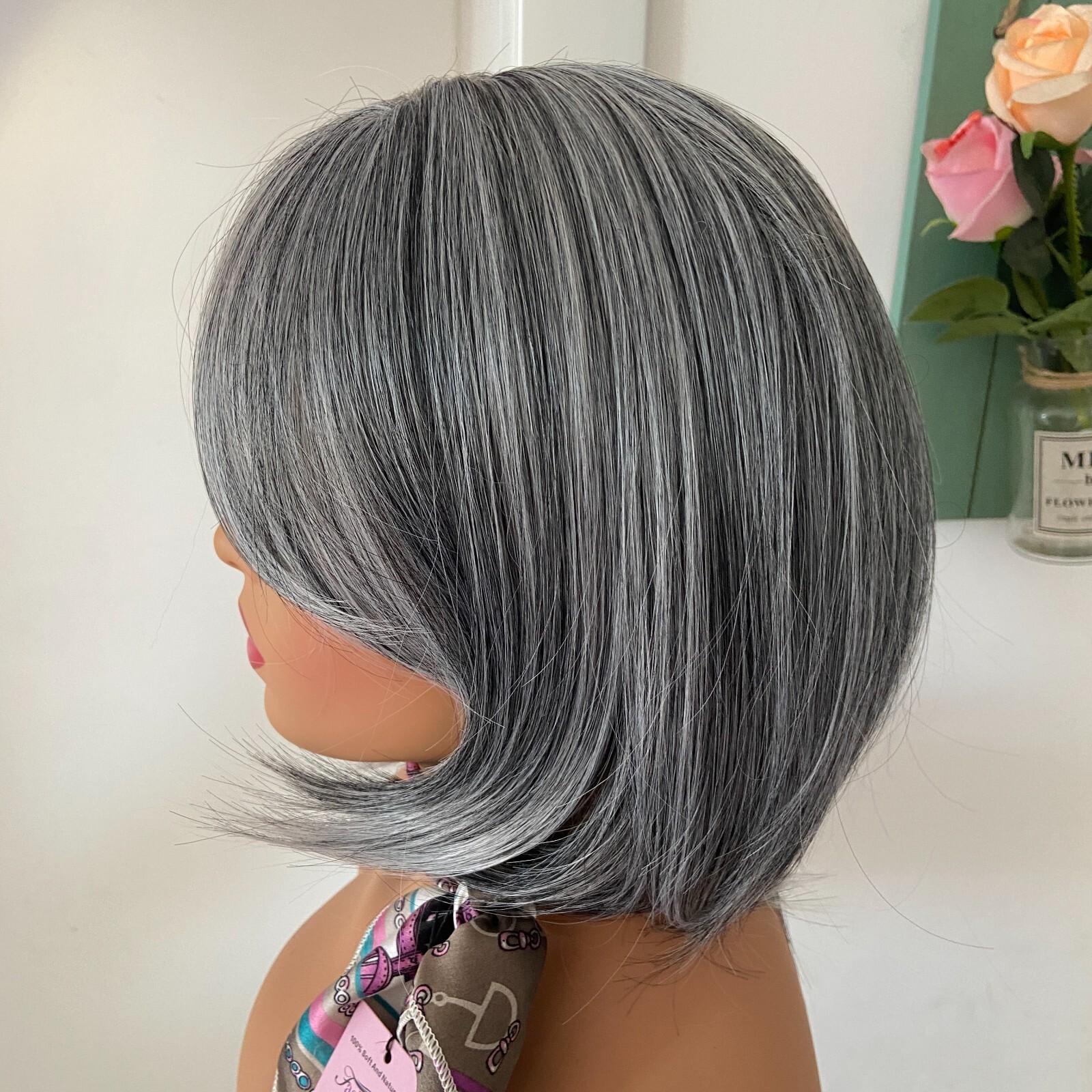 Salt And Pepper Gray Mix Synthetic Hair Wigs With Bangs Women Soft Natural Daily