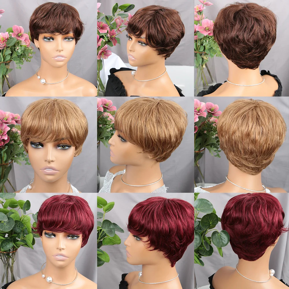 Brown Pixie Cut Human Hair Wig Short Machine Made Wig with Bangs