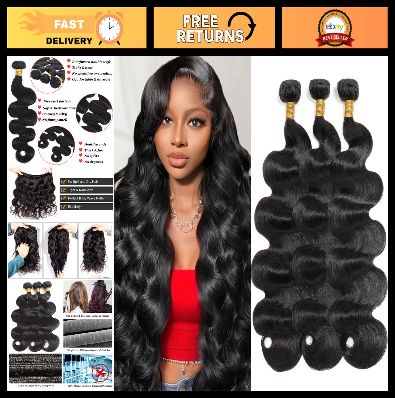 100% Unprocessed Brazilian Virgin Human Hair Bundles 20-24″ Body Wave 3 Pack