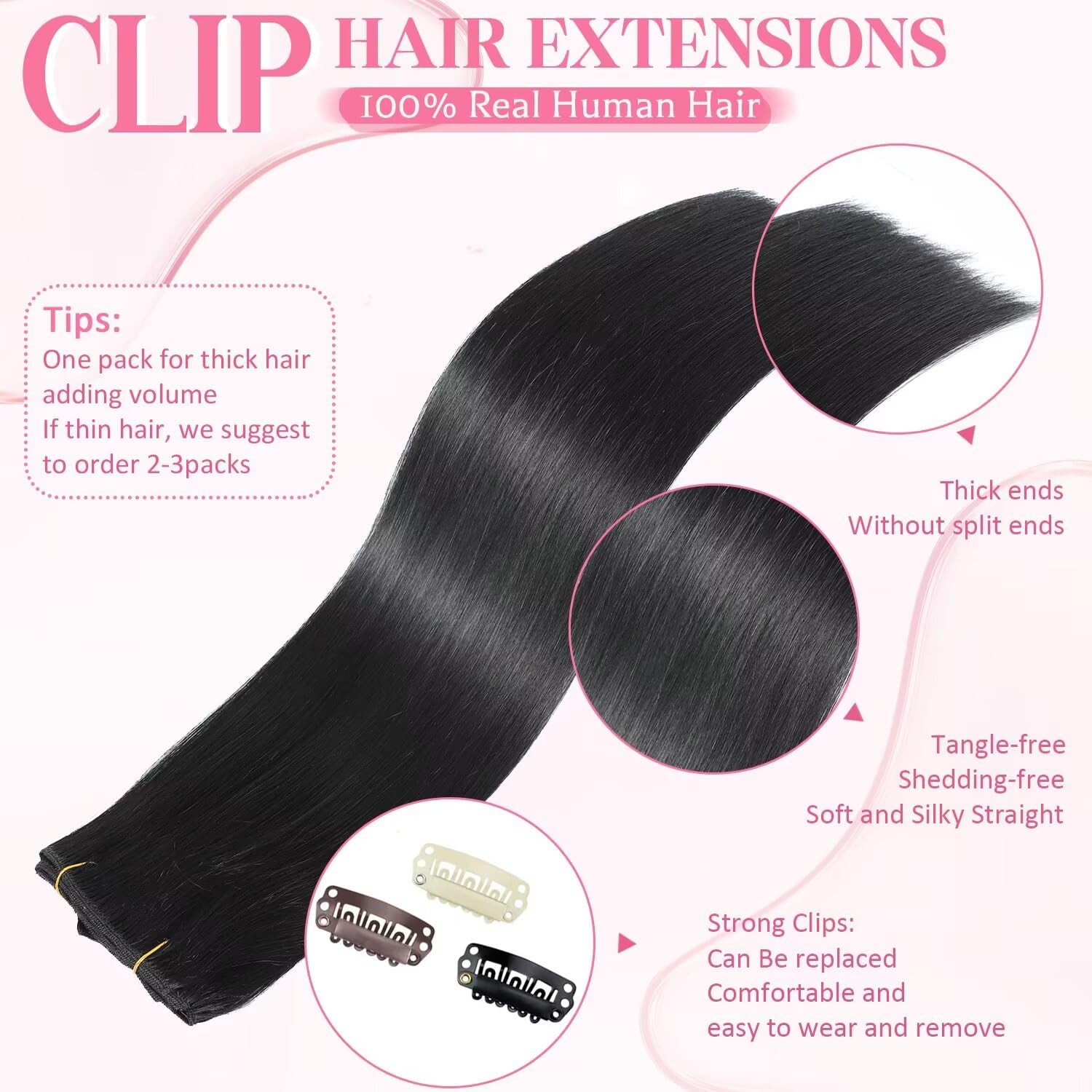 Tebelove Clip In Hair Extensions Real Human Hair 3.6Oz/100G Clip Ins 100