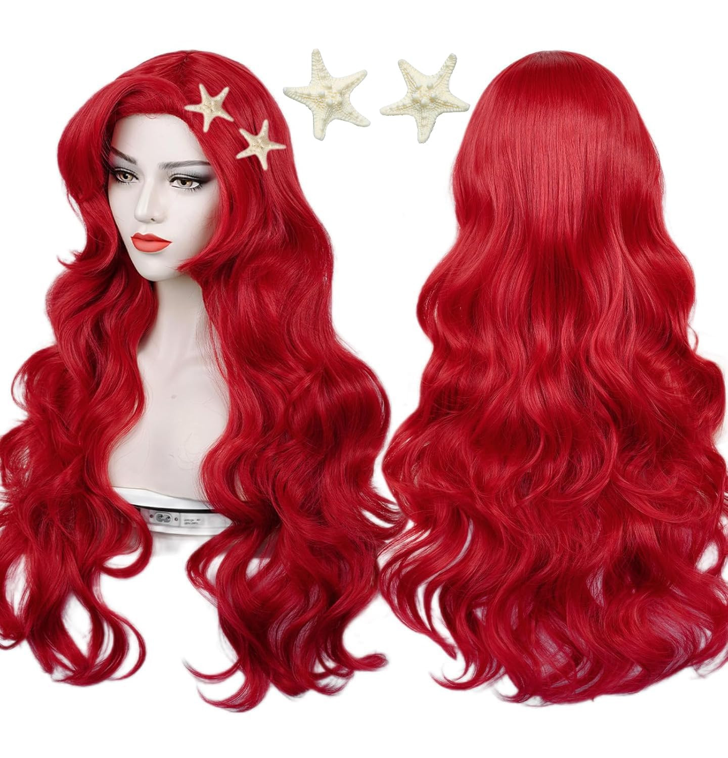 Red Mermaid Wigs for Woman with Starfish Hair Clips, Adult Curly Long Hair Daily
