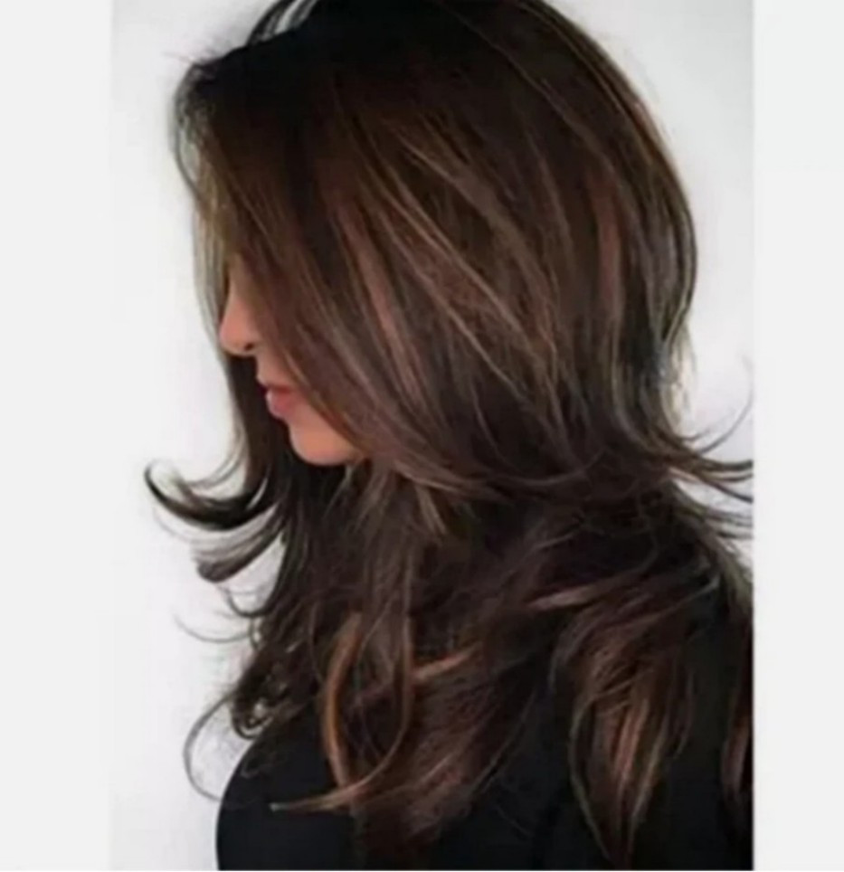 Women Dark Brown w/Gold Highlight Ombre Shoulder Length Curly Hair Wig-&&++