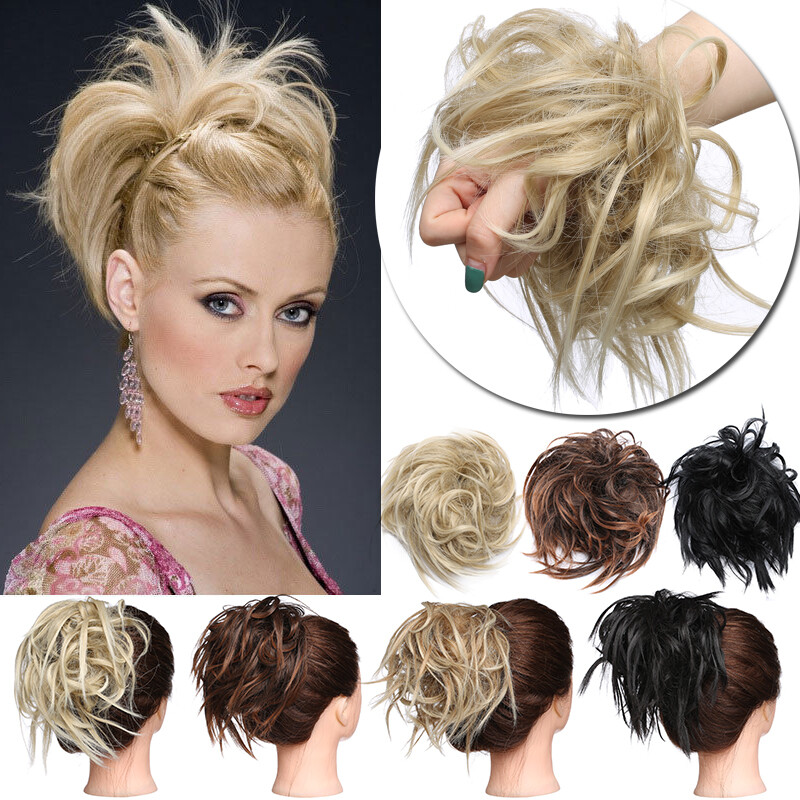Tousled Updo Messy Ponytail Bun Elastic Band Wrap On Hair Piece Straight Wavy US