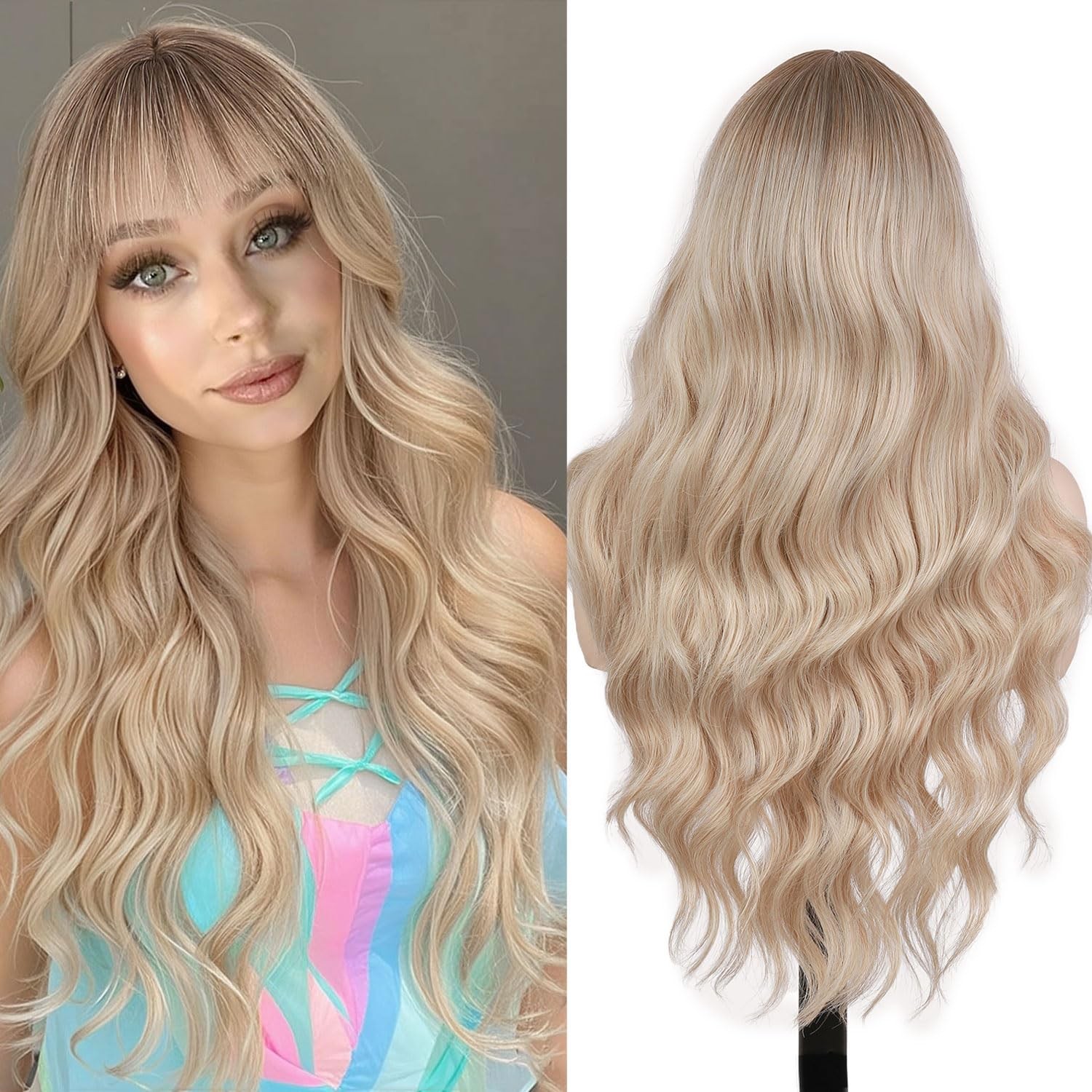 Strawberry Blonde Wig with Bangs T/Ash Blonde Ombre with Dark Roots Heat Resi…