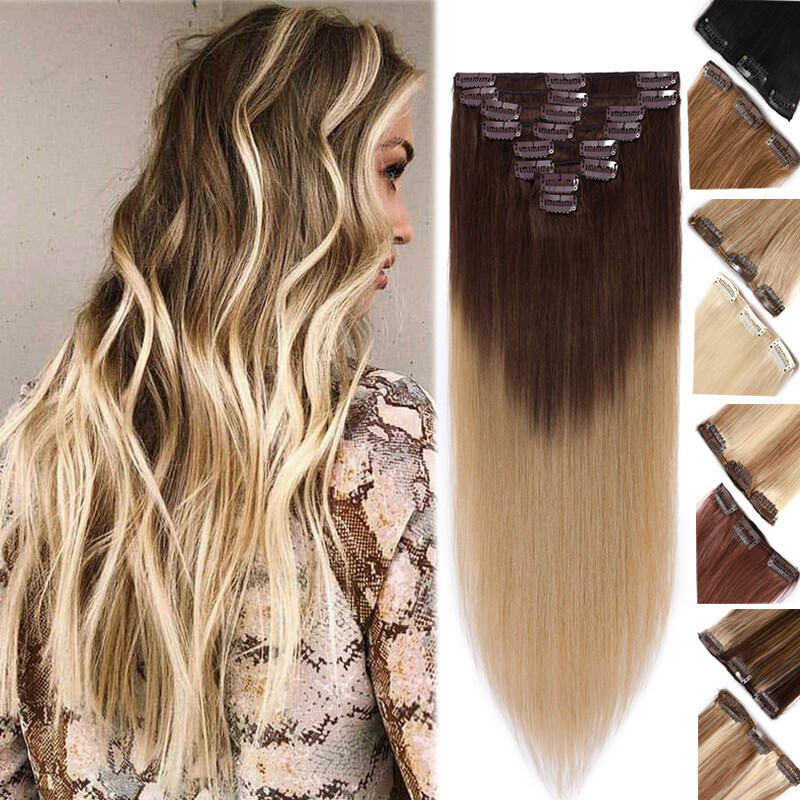 AAAA+ Human Hair Extensions 8pcs 18Clips Set Clip In Real Remy Full Head Ombre F