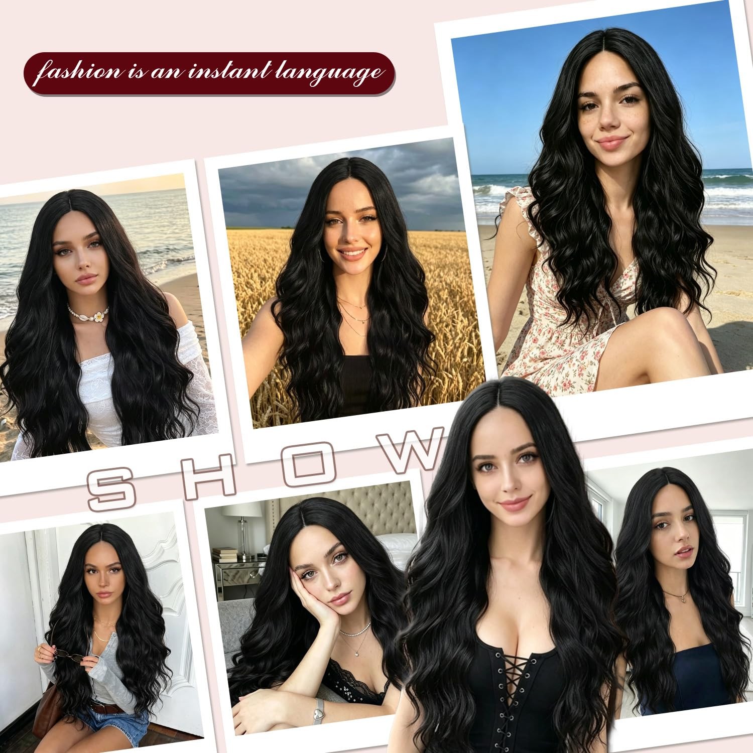 Black Wig for Women 26 Inch Long Black Wavy Wig Middle Part Black Hair Wigs H…