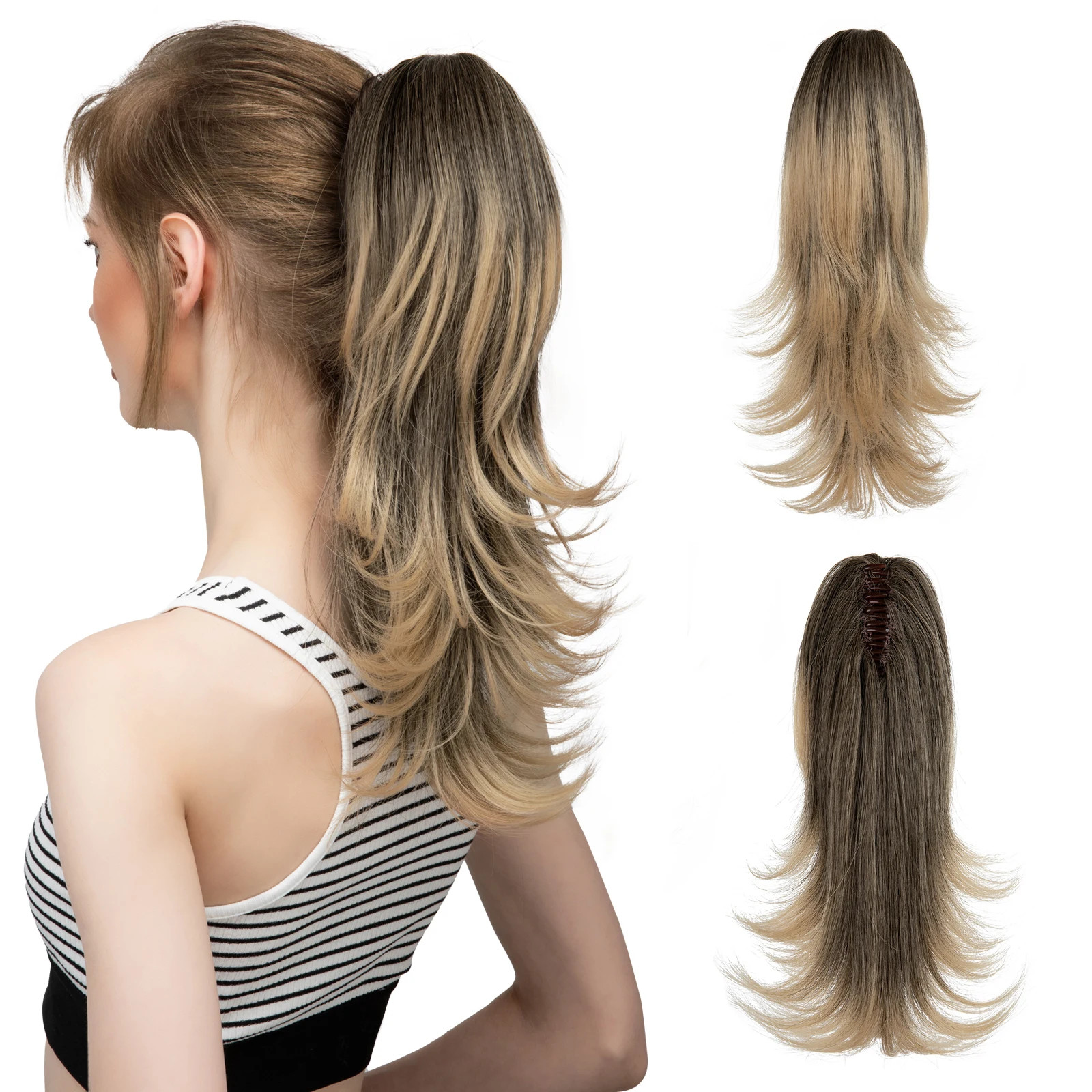 14 Inch Synthetic Claw Clip Ponytail Extensions Wavy Blonde Black Hair