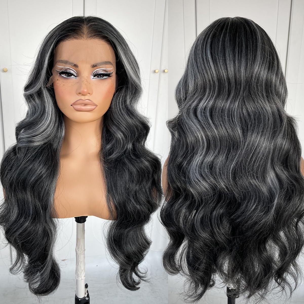 Highlight Lace Front Wig Pre-Plucked Black And White Skunk Stripe Body Wave H…