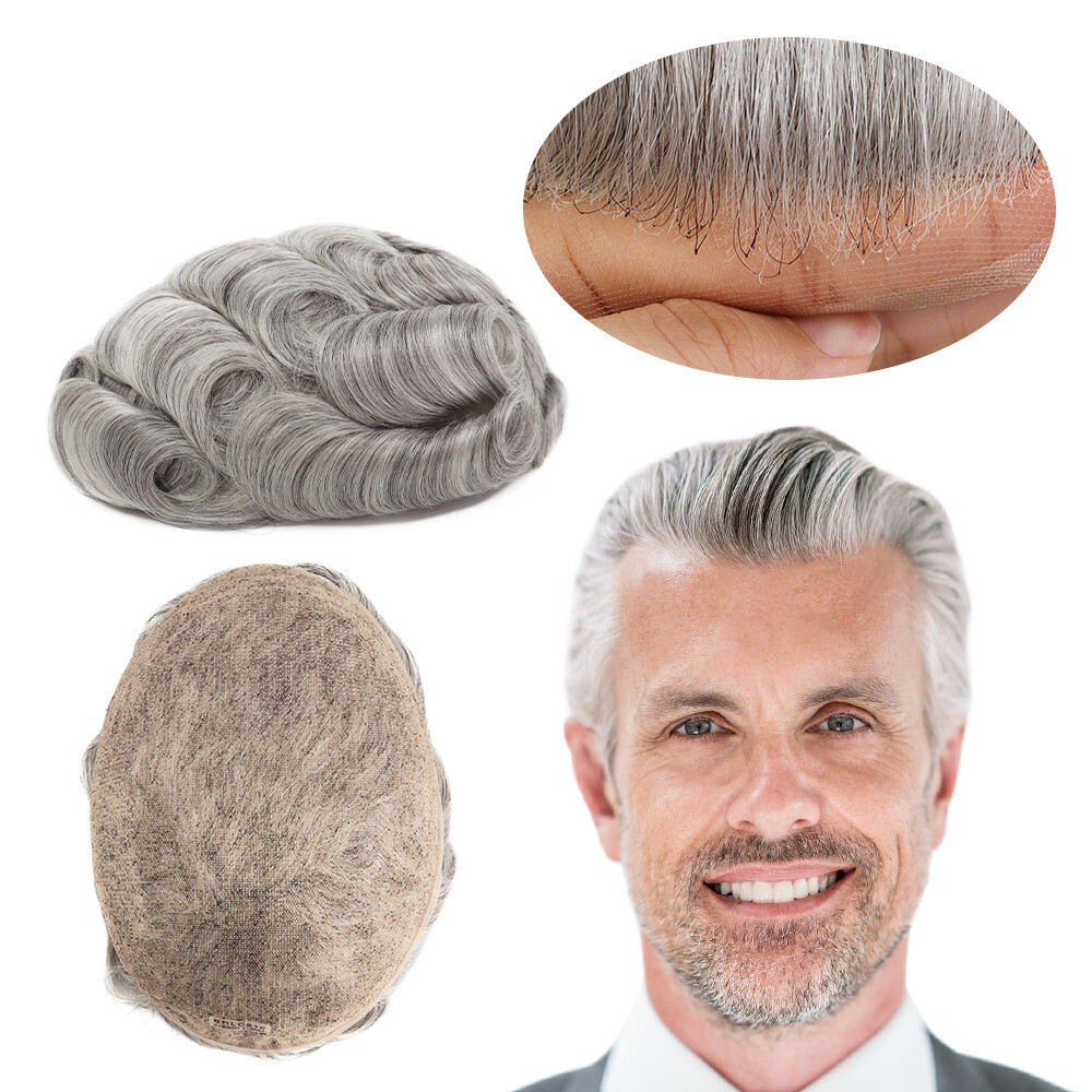 Mens Toupee Human Hair Replacement System Full French Lace Grey Hairpiece #1B80