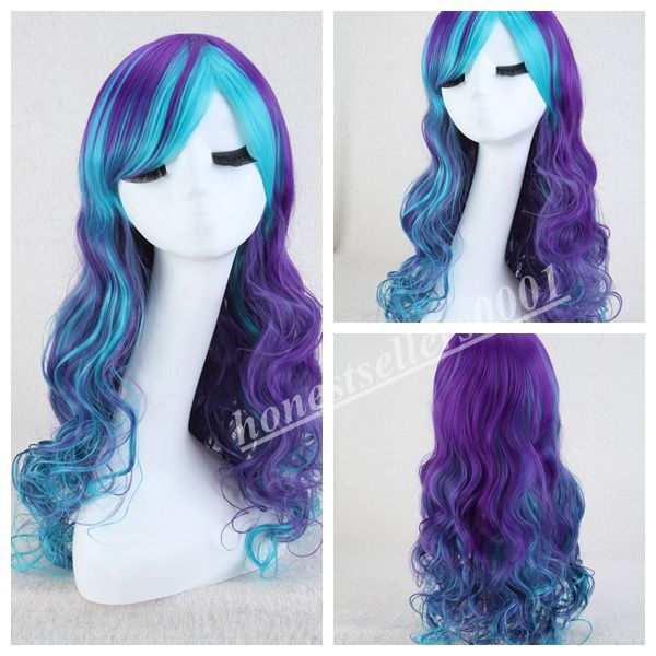 Long Straight Synthetic Wig Blue Purple Ombre Hair Cosplay Wigs Halloween Party