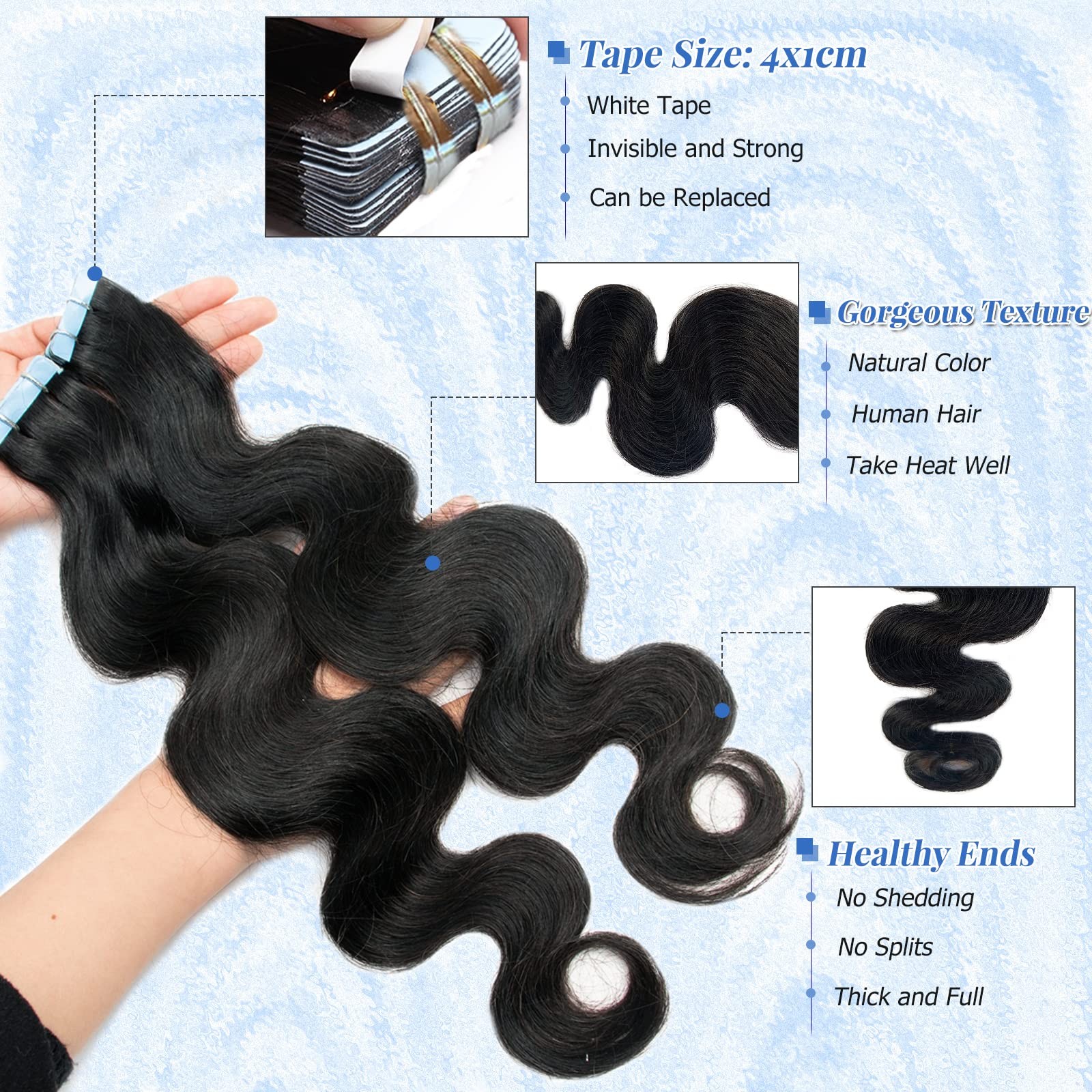 Licoville Body Wave Tape In Hair Extensions Human Hair 40Pcs Natural Black Tape