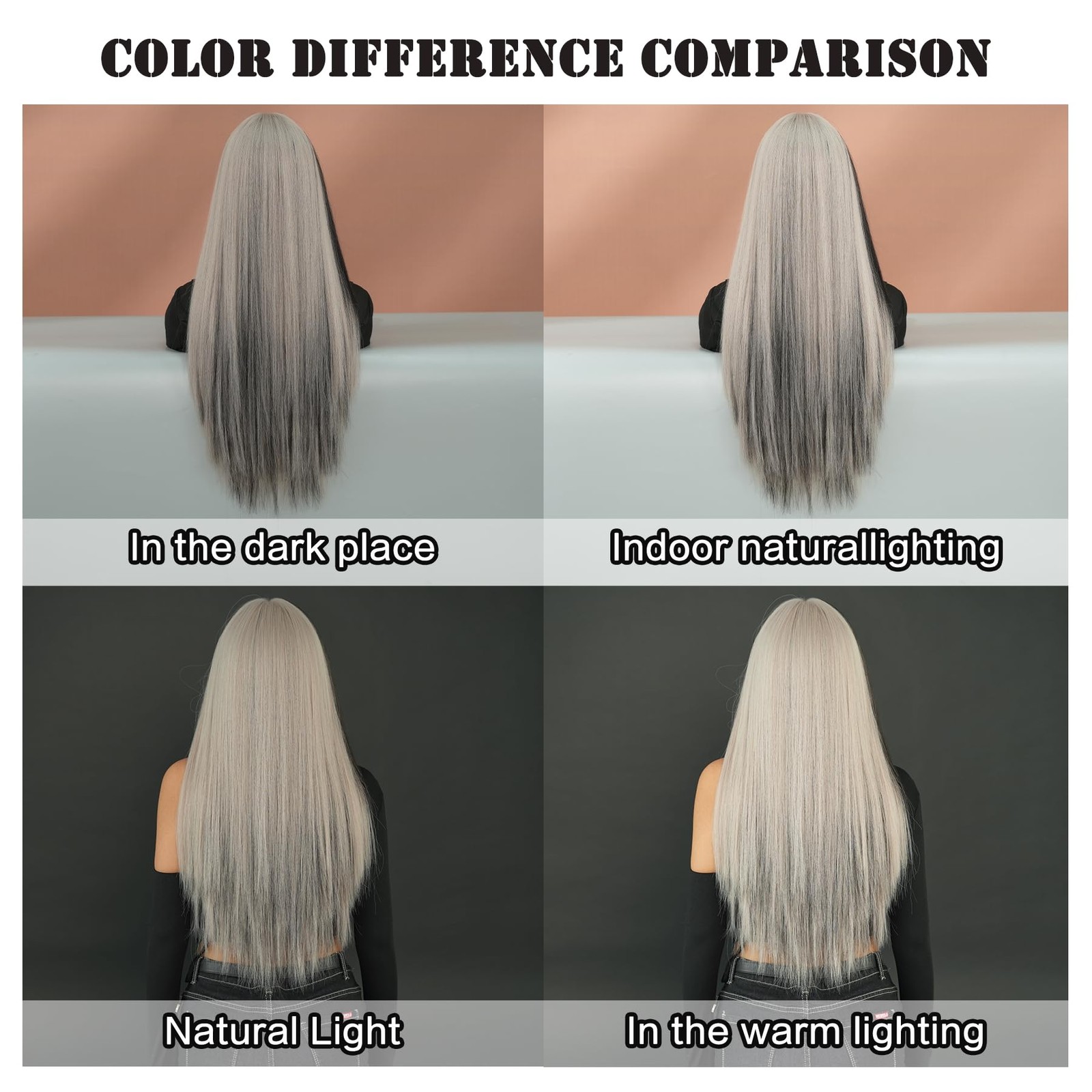 Long Straight Silver Grey Highlight Wig with Bangs 27in Natural Heat Resistan…