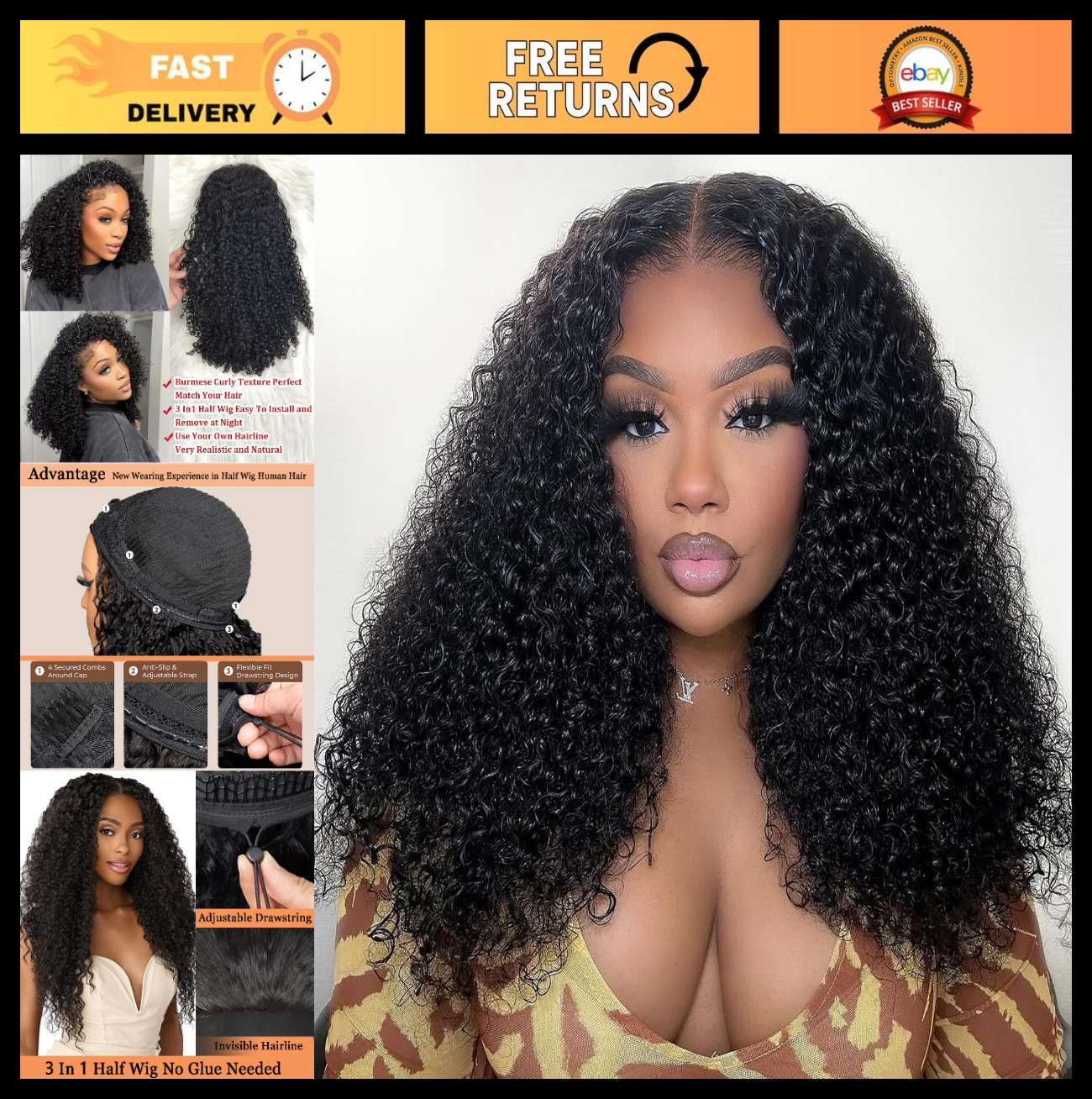 Kinky Curly Half Wig 22″ Human Hair, Glueless Flip Over, 200% Density, Beginner