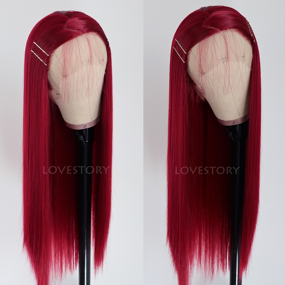 Women Lace Front Wig Red Long Straight Synthetic Hair Wigs Heat Resistant Party