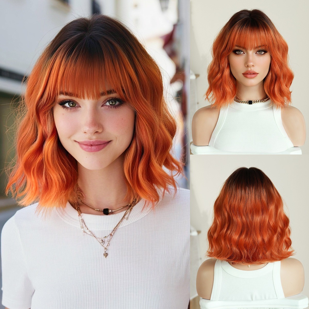 Red wine color 12-inch short curly wig for women with a straight Bob hairstyle