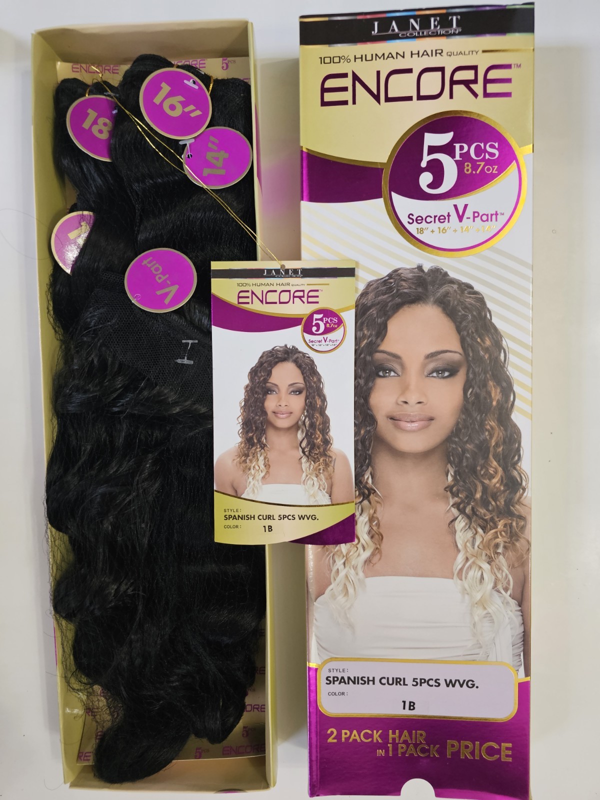 100% HUMAN HAIR QUALITY Encore Janet Spanish Curl 5 PIECES SECRET V PART