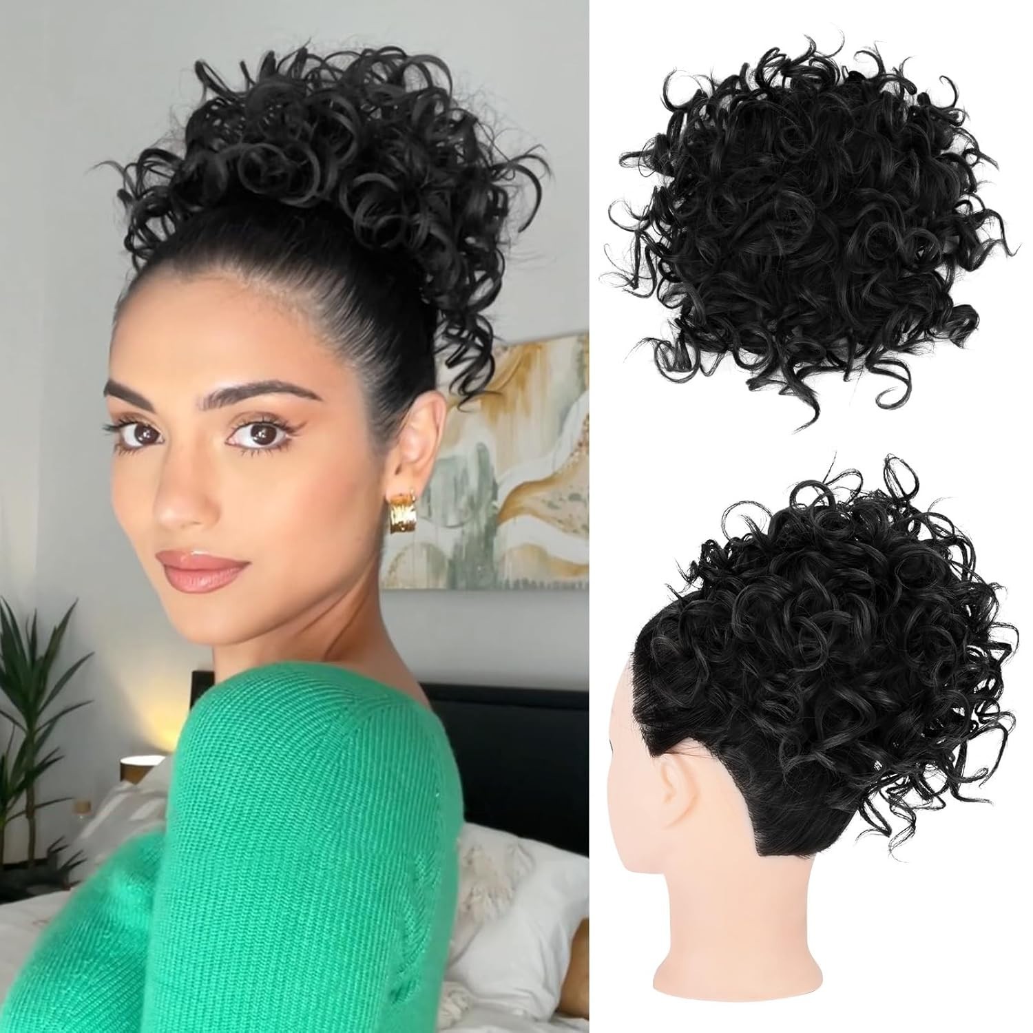 Messy Hair Piece Elastic Drawstring Large Loose Wave Curly Bun Short BLACK