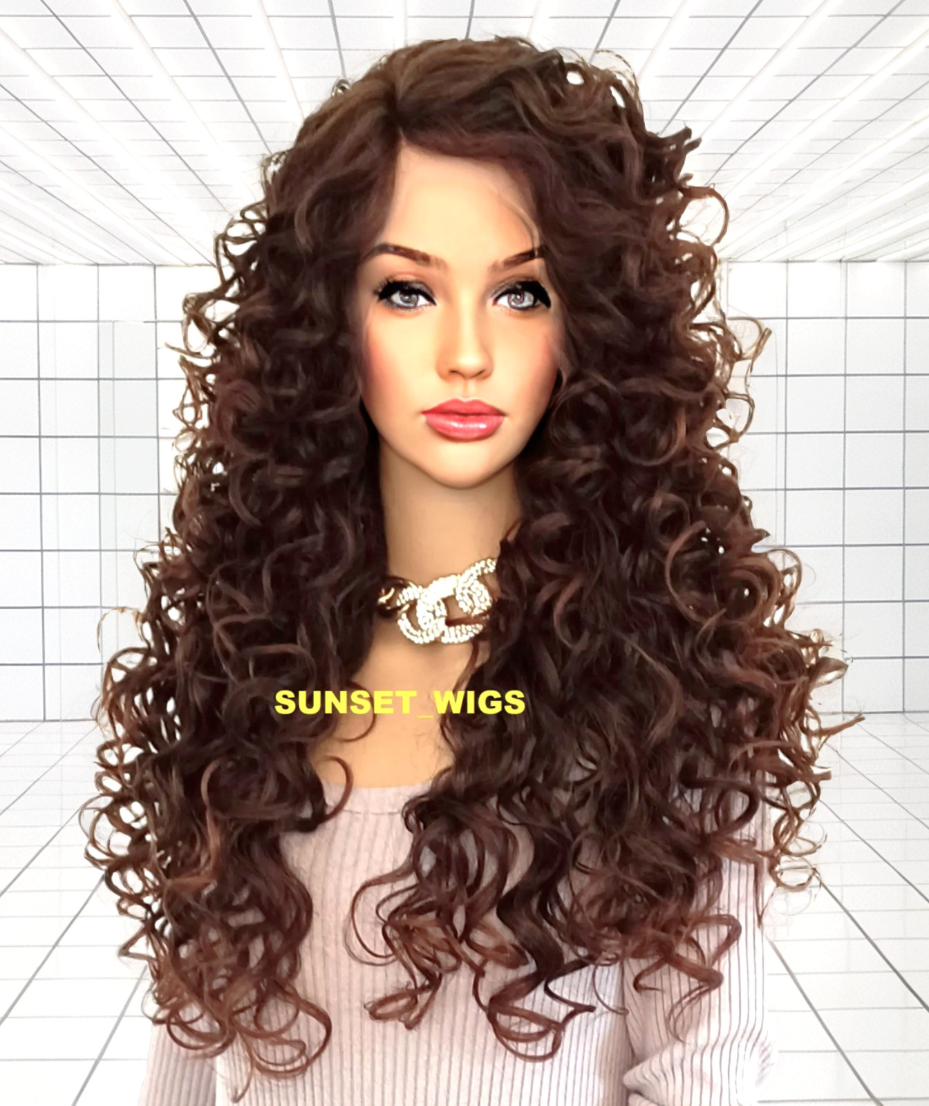 30″ LACE FRONT WIG LONG CURLY LAYERED BROWN AUBURN MIX #T4.30 HEAT OK