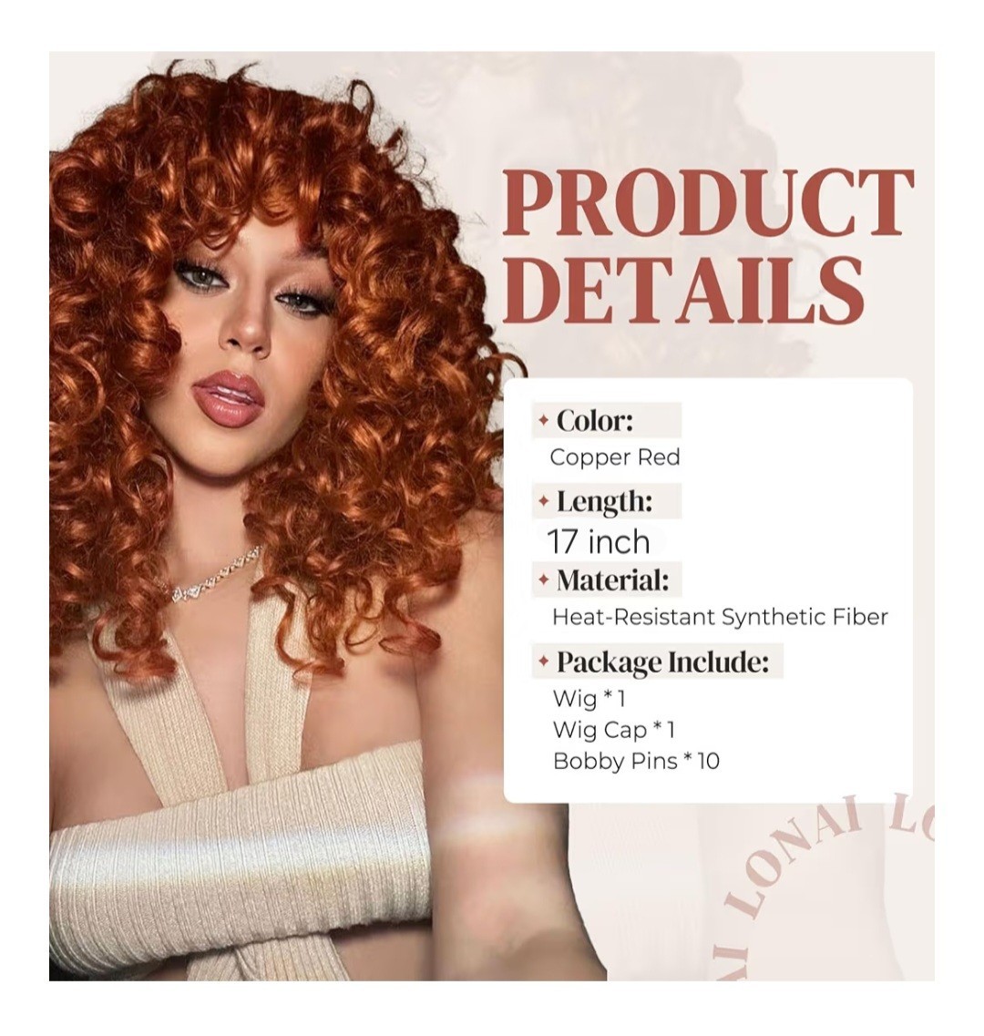 Copper Red Curly Heat-Resistant Synthetic Wig 17 in Free-Part Women’s