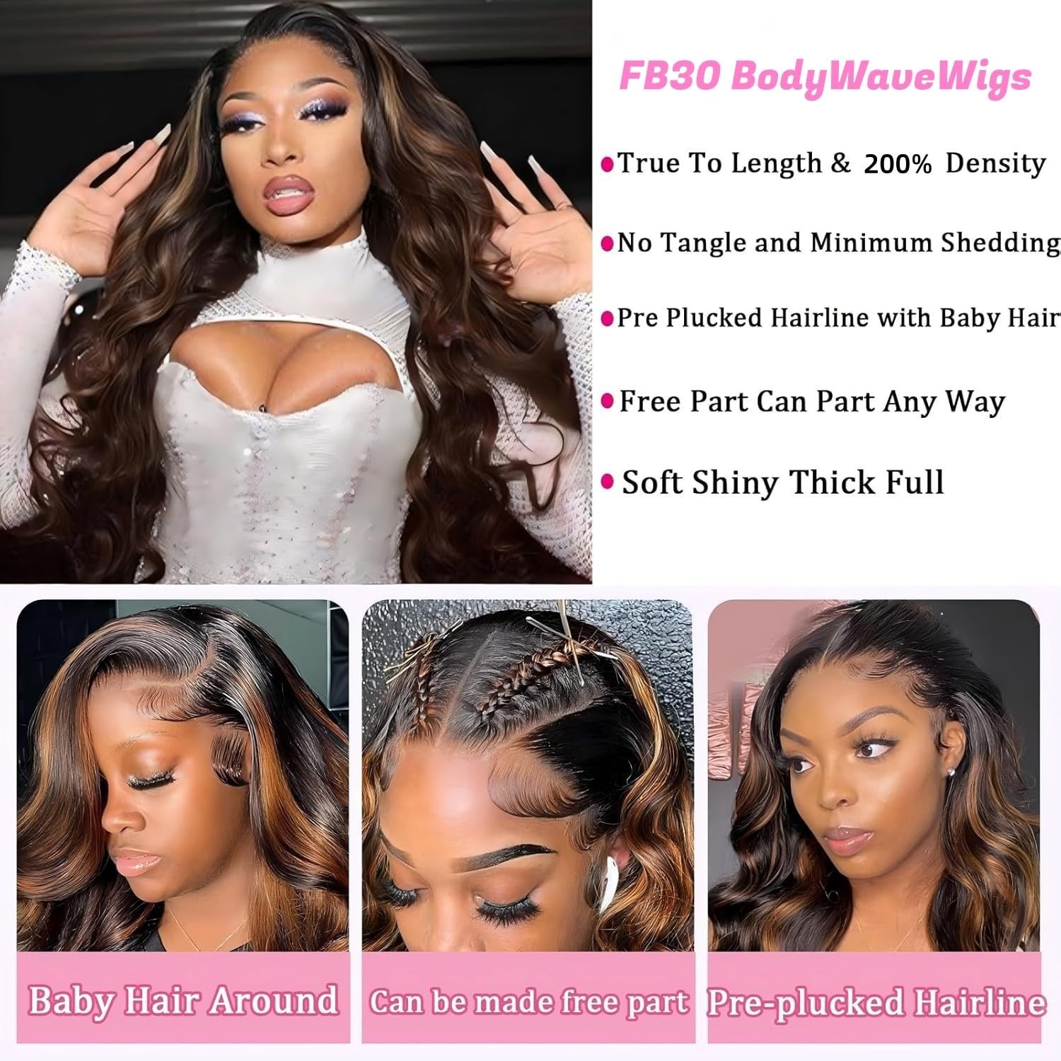 30″ Ombre Lace Front Wig Human Hair Body Wave 13×6 Pre-Plucked Glueless 200 Dens