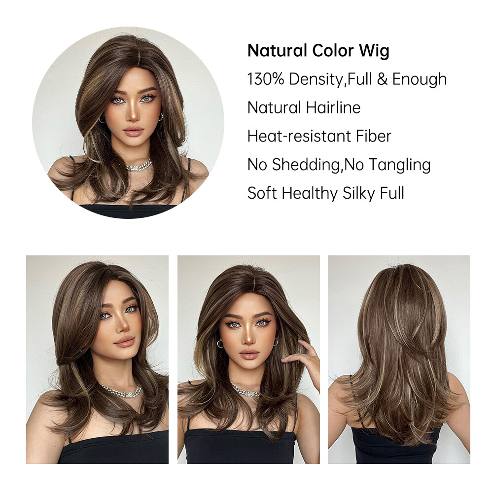 Long Brown Blonde 20 inch Soft Hair Wigs with Side Bangs for Women Daily Party