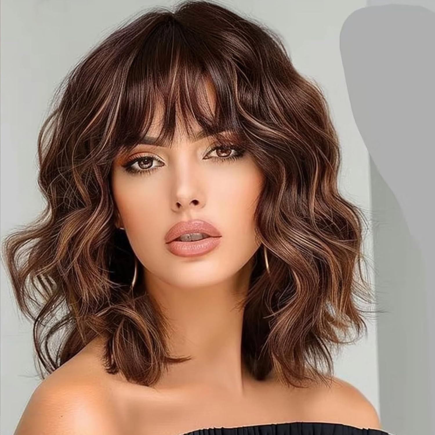 14inch Short Wavy Curly Bob Wig with Bangs Synthetic Hair for Women Black Brown