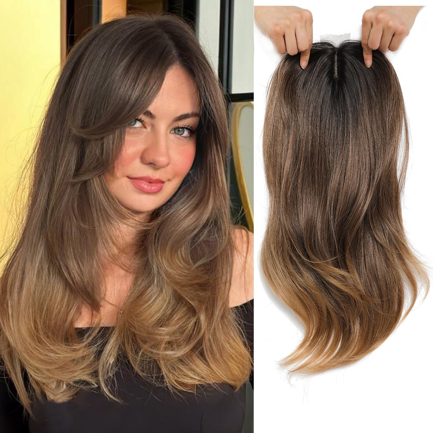 Dark Brown Dark Roots Long Straight 18in Women Premium Hair Topper