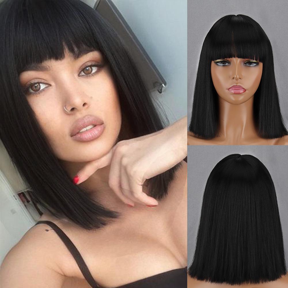 Women’s Black Bob Wig Short Straight Synthetic Fiber Hair Full Bangs Cosplay Wig