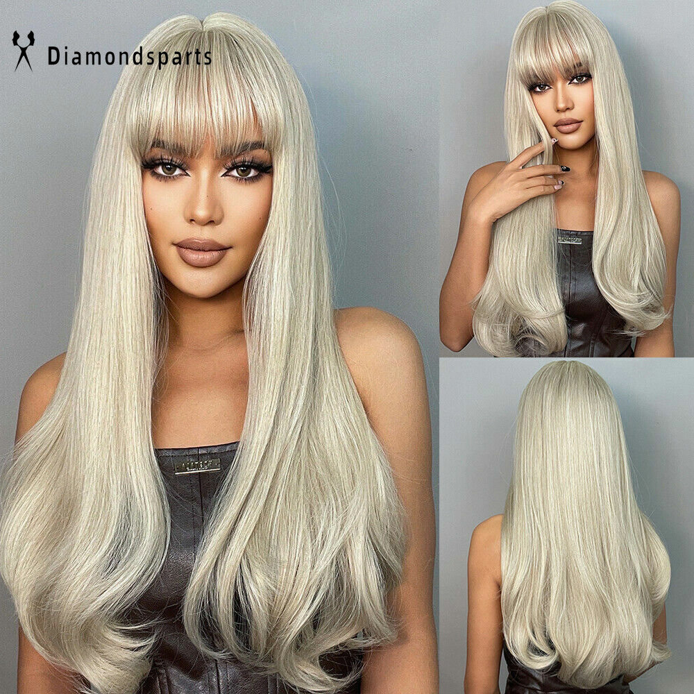 Platinum Blonde Hair Wigs with Bangs for Women Long Wavy Wig Daily Use Fanshion