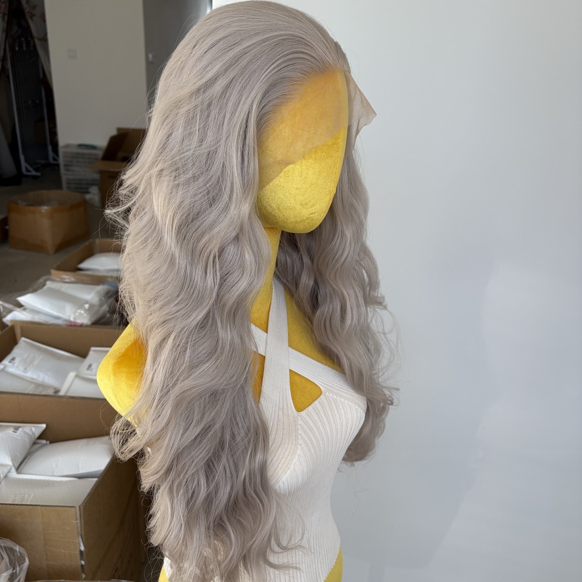 Silver gray Synthetic Hair Long Wavy Natural Frontal T Lace Wigs Soft