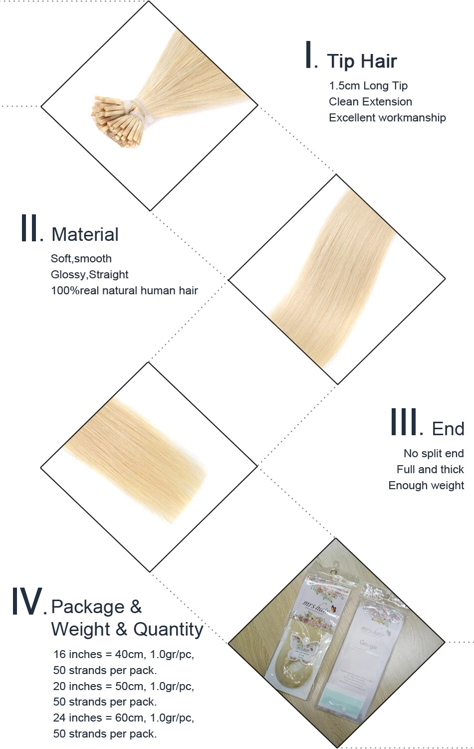 I Tip 100% RAW Human Hair Extensions Pre Bonded Keratin Stick 100 strands