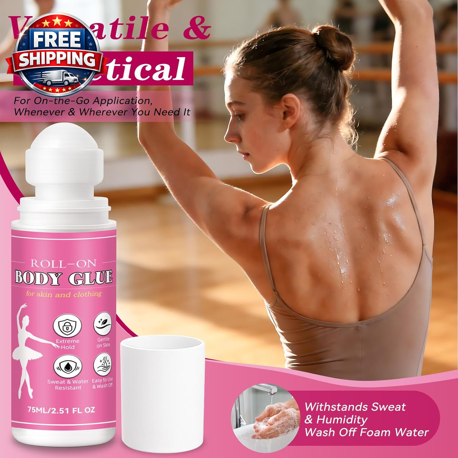 Body Glue for Clothes & Skin 2.54 Oz, Roll-On Body Adhesive, Sweat Resistant, Sk