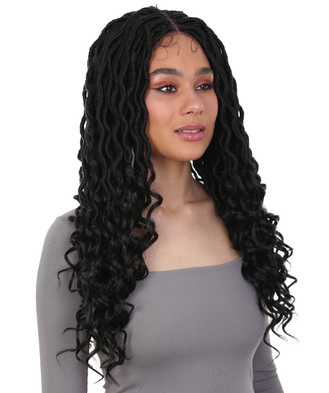 LUXLUXE Andrea 4×4 Curly Long 4X4 Hand Tied Lace Braid Natural Black Wig