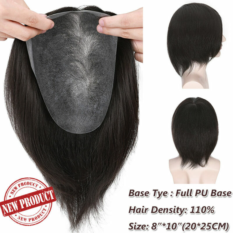 FULL PU Replacement System Mens Toupee Hairpieces Remy Human Hair Skin Poly Wigs