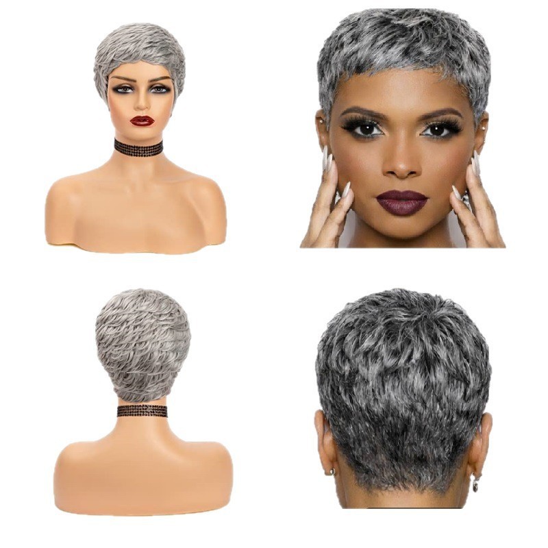 2″ Short Gray Pixie Wig Human Hair No Lace Mechanized Full Cap Wig