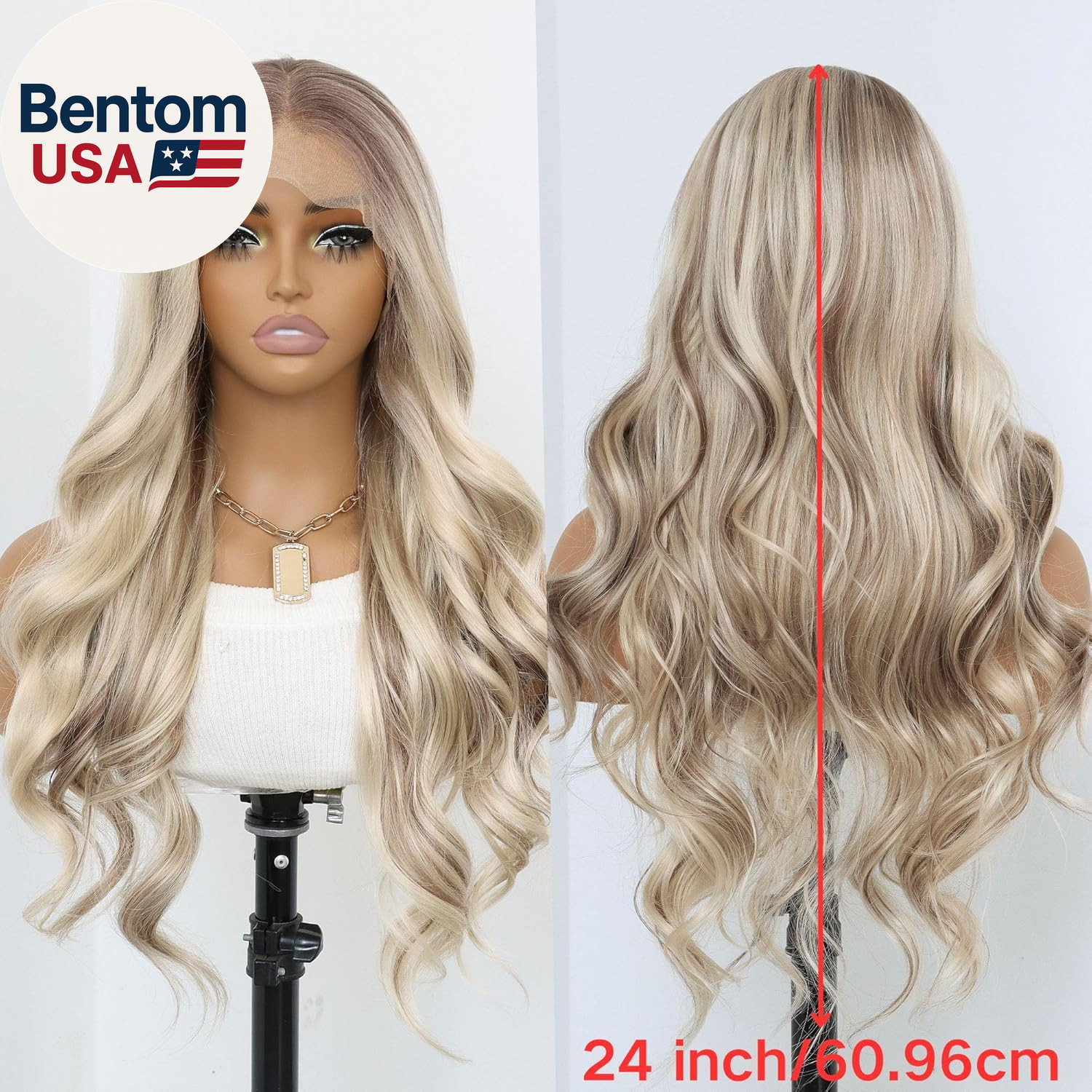 Highlight Ash Blonde Lace Front Wig 24″ Wavy Ombre Blonde 13×4 Pre Plucked Wig