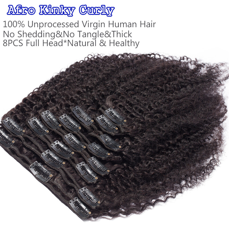 Yaki Straight Virgin Clip In Human Hair Extensions African Kinky Curly THICK 24″