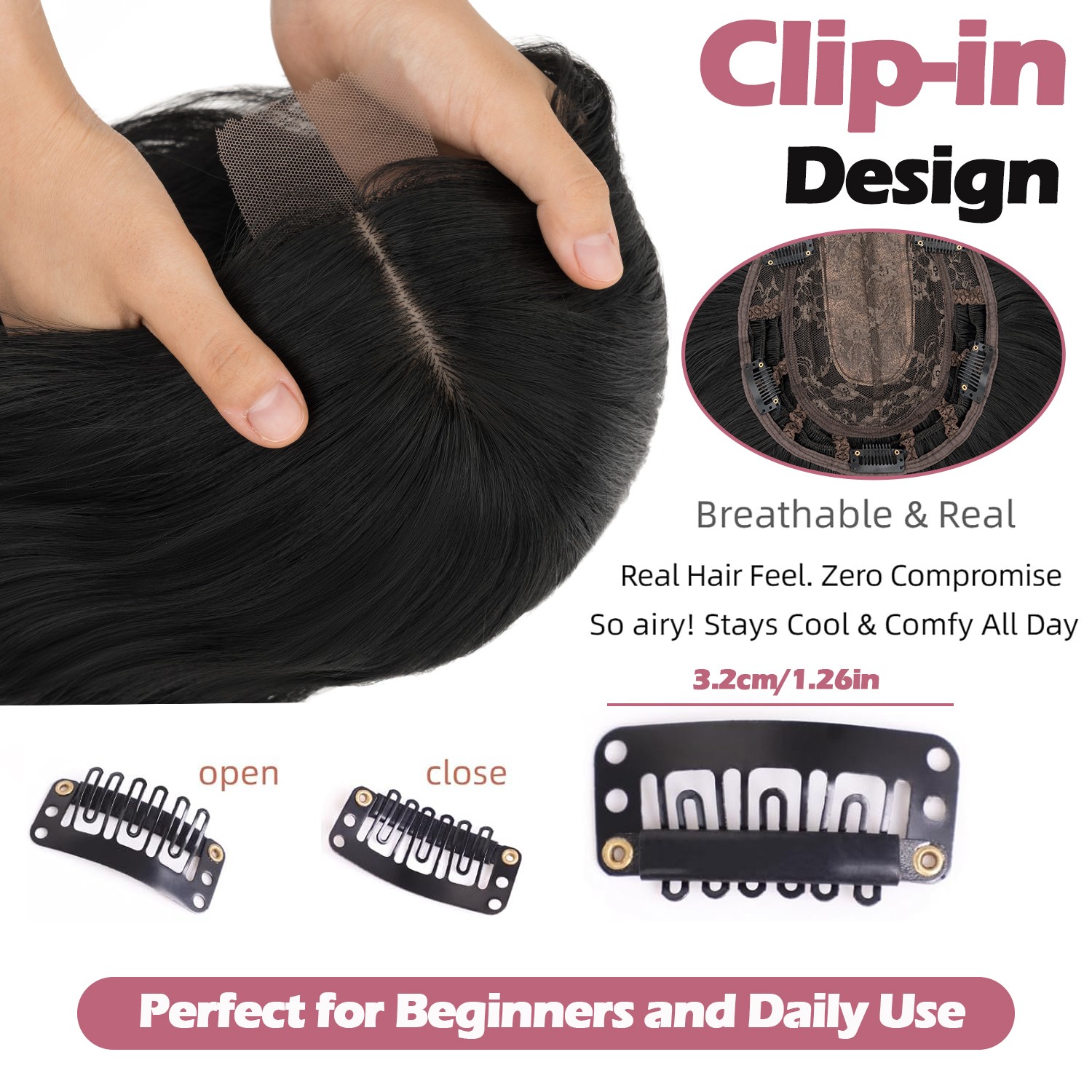 Free Part Women Topper Real AS Human Hair Toupee Clip in Water Wave Hairpiece US