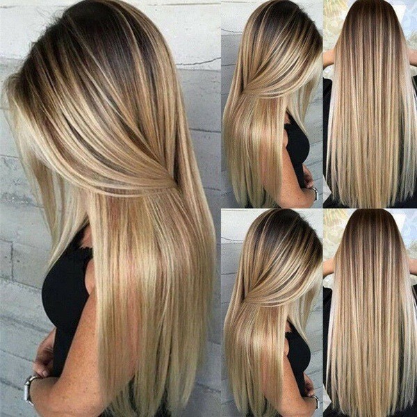 100% Human Hair Balayage Ash Blonde with Brown Long Straight Lace Front Wigs