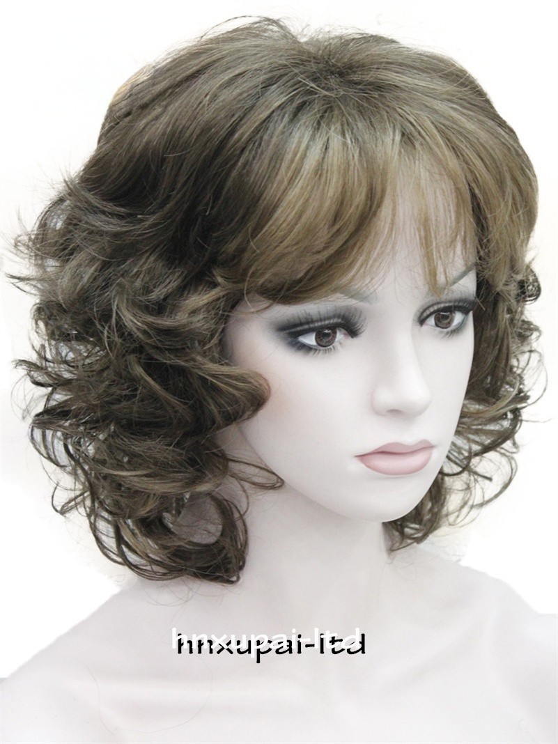 Short Loose Curls Curly Ash Brown Blonde Mix Synthetic Hair Wigs Women Soft