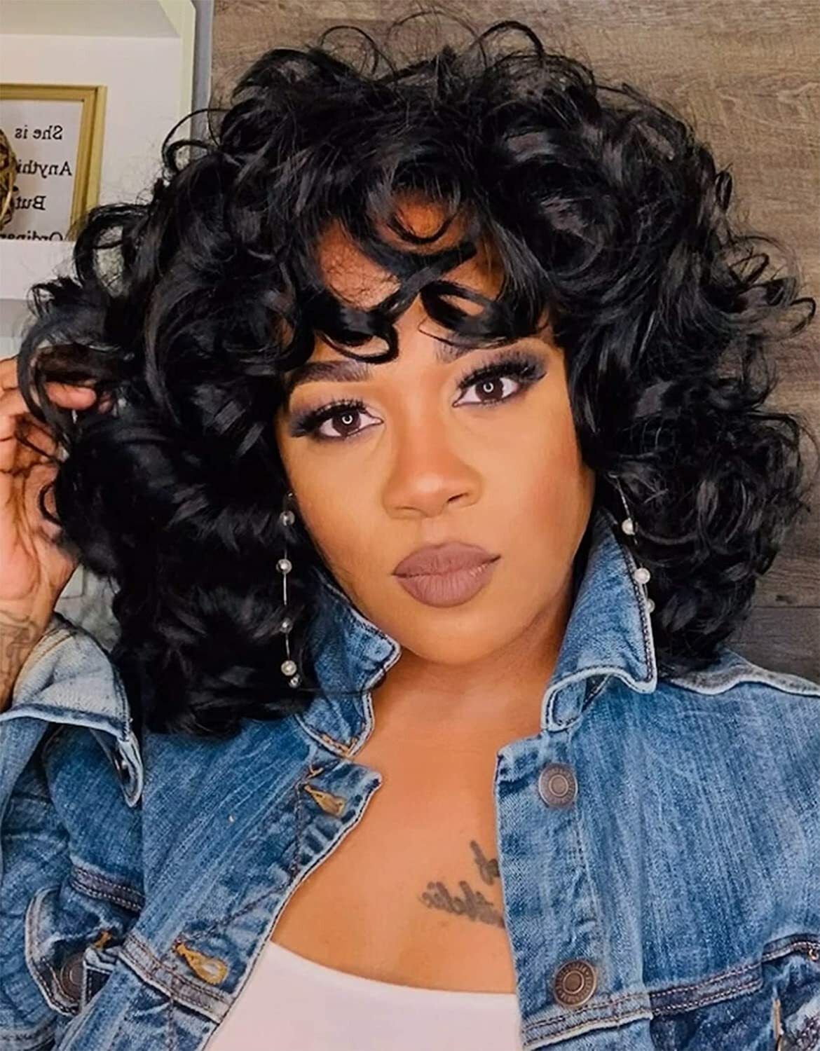 Afro Curly Kinky Wavy Wig with Bangs Black Glueless Afro Natural Wig Heat Safe
