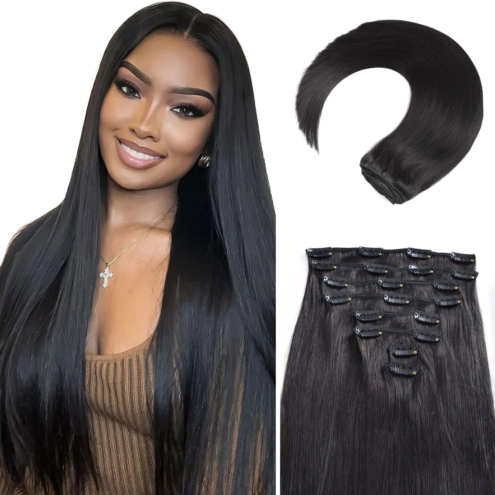 MEYOFUN Clip in Hair Extensions Real Human Hair, 20 Inch 105g/3.7oz, 1B Natur…