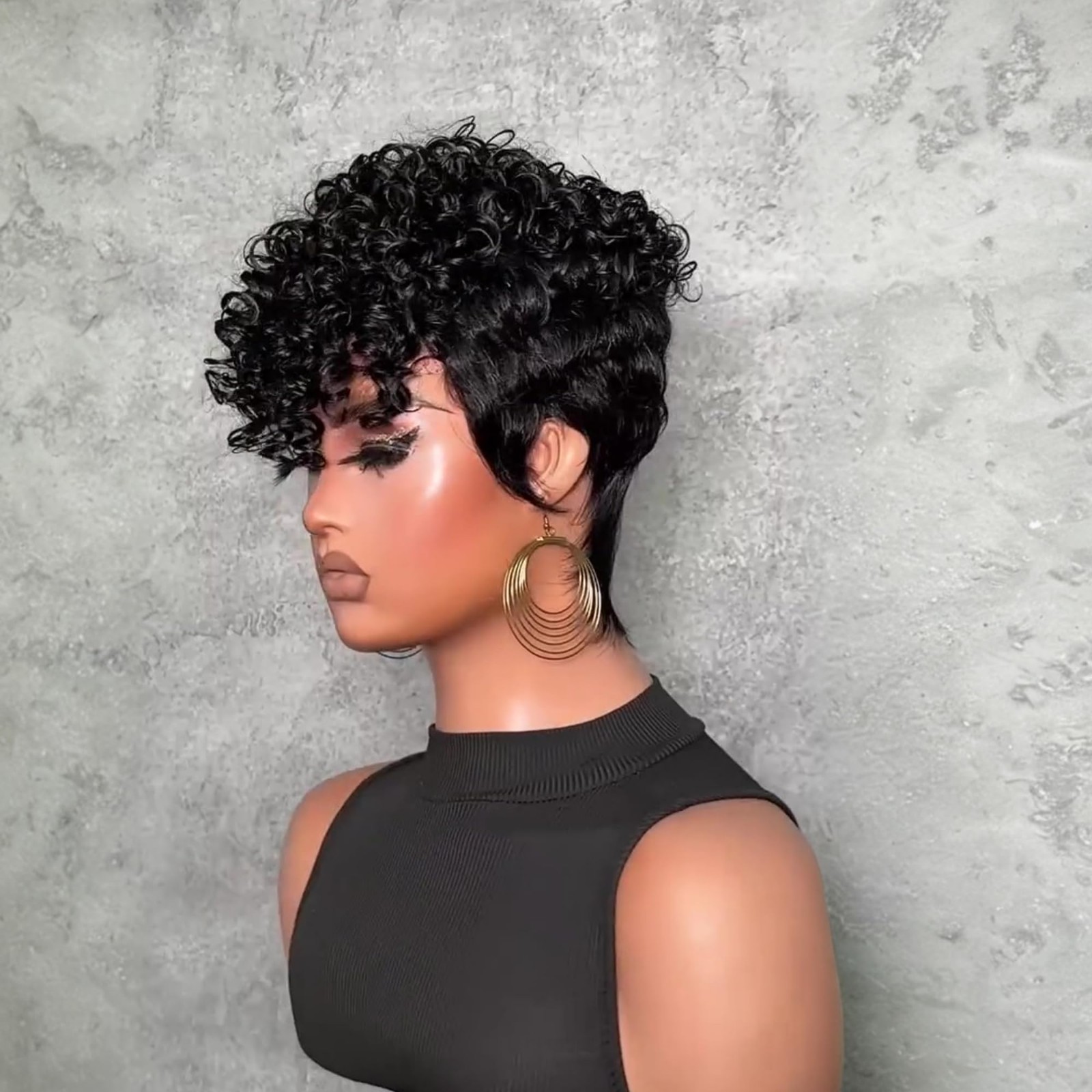 Short Layered Pixie Cut Human Hair Wig for Women – Curly Bangs, Glueless, Natura