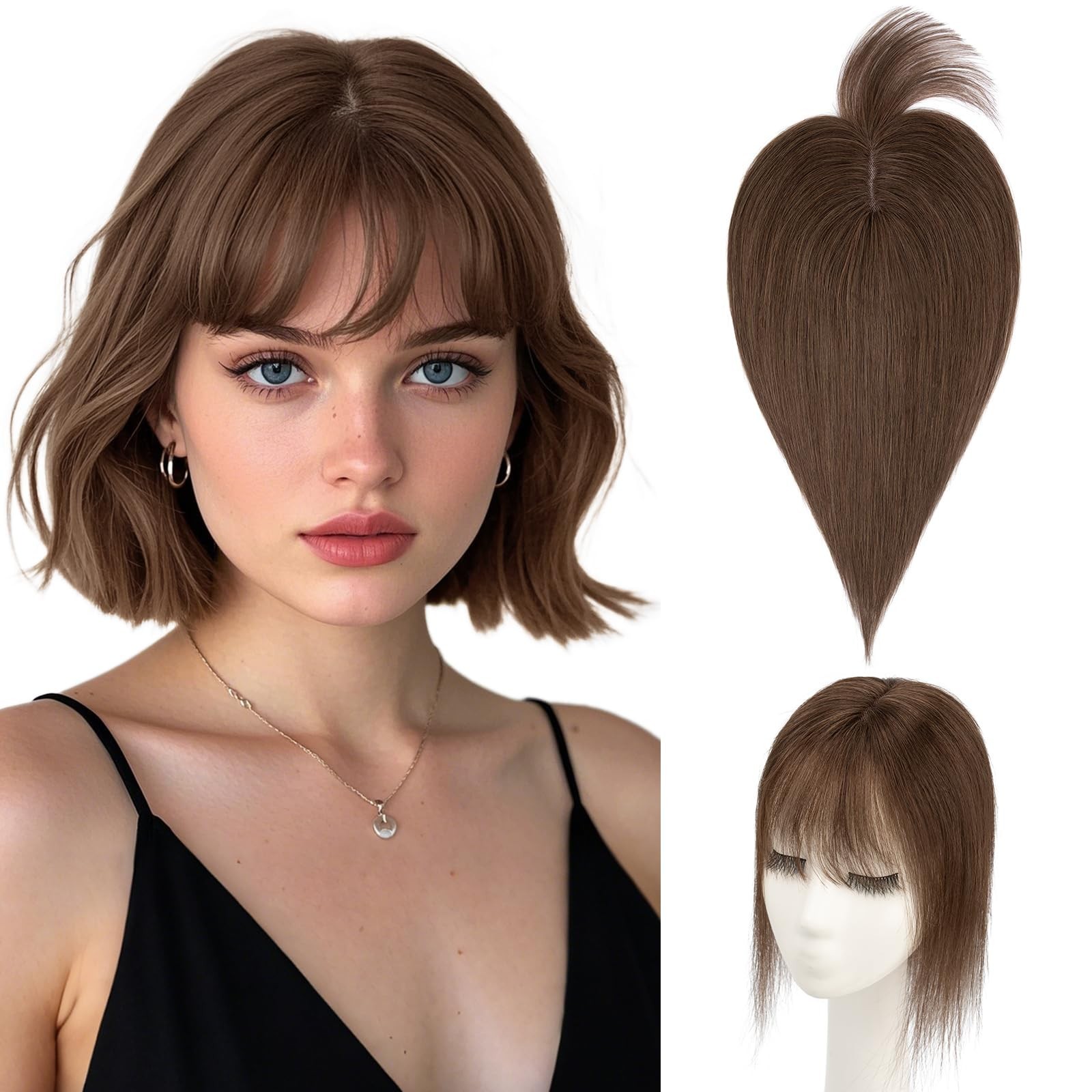 Hairro Human Hair Topper 10″ Dark Brown with Bangs Clip-On 2.25″x6″ Base