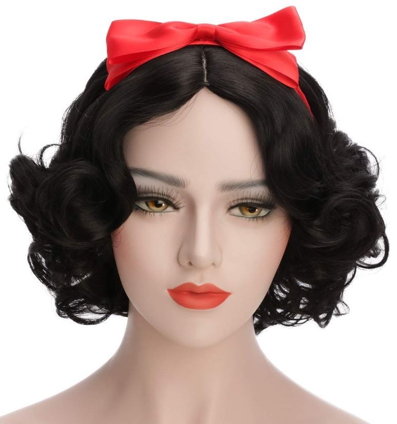 Adult Women Short Bob Wave Black Cosplay Wig with Red Bow Princess Party Costume