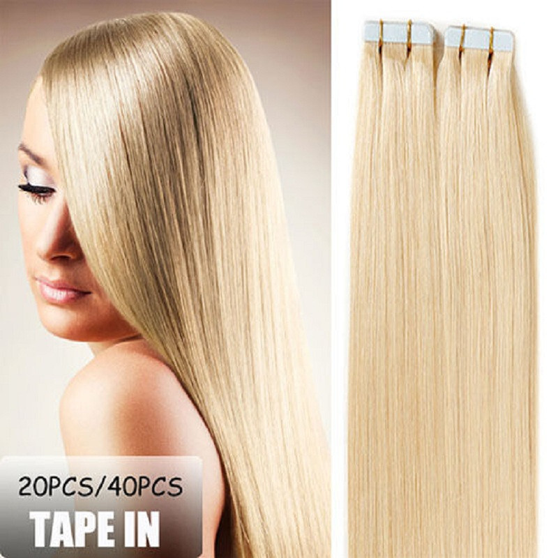 Tape in Real Human Hair Extensions Adhesive Skin Wefts Seamless Pre Taped Hair